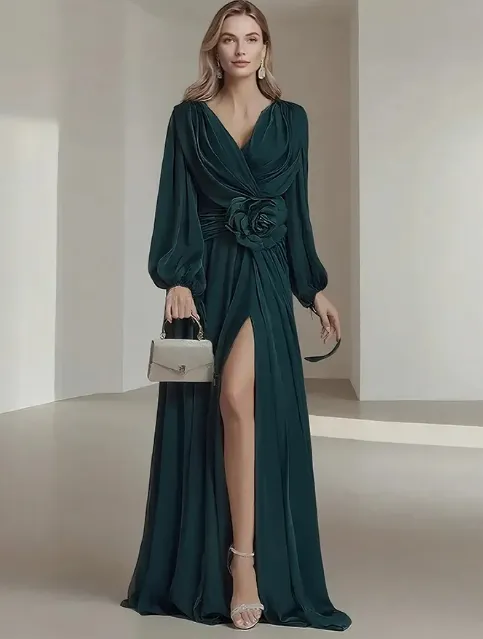Flower Pleated Chiffon Wedding Dress Long Buff Sleeve Flowy V-neck Maxi Dress - Dark Green