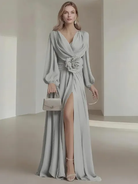 Flower Pleated Chiffon Wedding Dress Long Buff Sleeve Flowy V neck Maxi Dress Grey - Shop at LoveMi