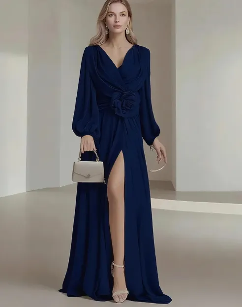 Flower Pleated Chiffon Wedding Dress Long Buff Sleeve Flowy V neck Maxi Dress Royal L - Shop at LoveMi