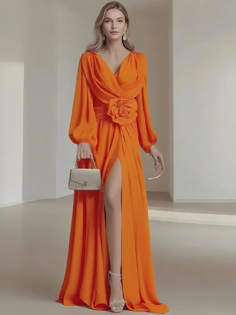 Flower Pleated Chiffon Wedding Dress Long Buff Sleeve Flowy V neck Maxi Dress Orange - Shop at LoveMi