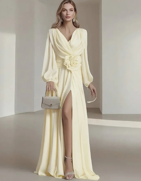 Flower Pleated Chiffon Wedding Dress Long Buff Sleeve Flowy V neck Maxi Dress Light Yellow - Shop at LoveMi