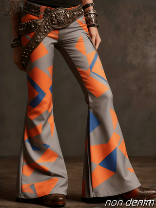 Pantalon évasé femme rétro imprimé, taille haute à bouton unique – Color14, XXL