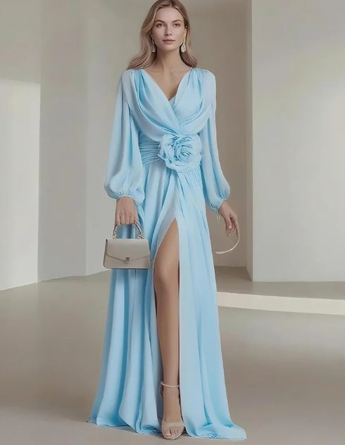 Flower Pleated Chiffon Wedding Dress Long Buff Sleeve Flowy V neck Maxi Dress Light Blue - Shop at LoveMi