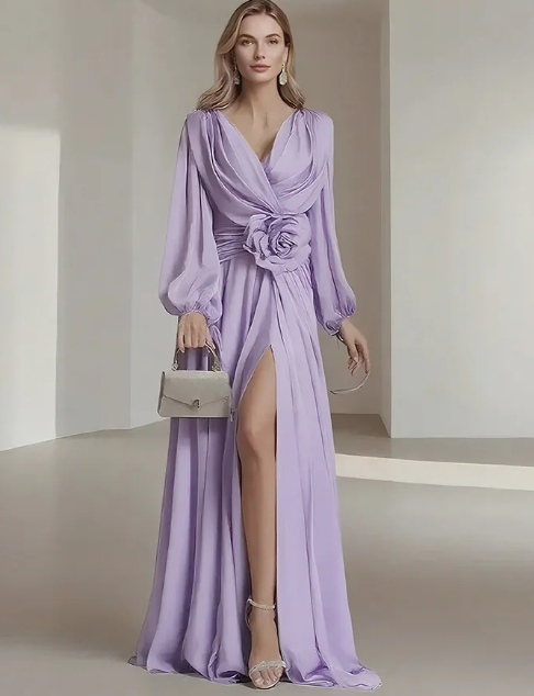 Flower Pleated Chiffon Wedding Dress Long Buff Sleeve Flowy V neck Maxi Dress Purple - Shop at LoveMi