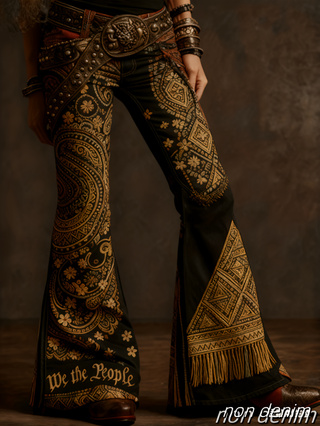 Pantalon évasé femme rétro imprimé, taille haute à bouton unique – Color14, XXL