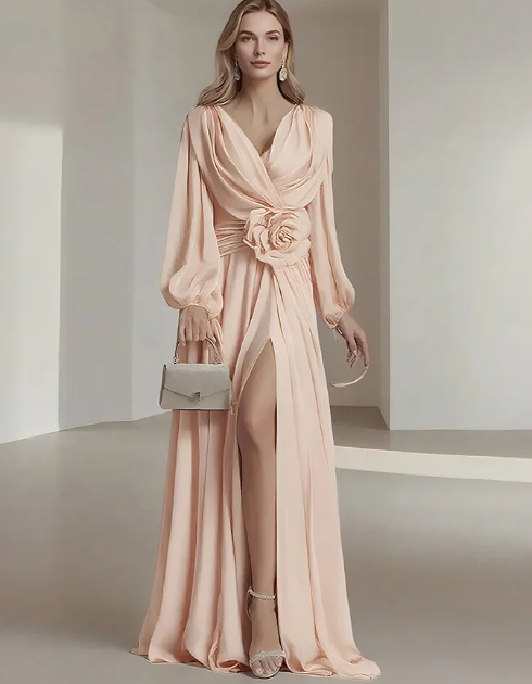 Flower Pleated Chiffon Wedding Dress Long Buff Sleeve Flowy V neck Maxi Dress Naked Powder - Shop at LoveMi