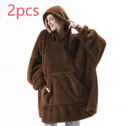Hoodie Sweatshirt With Big Pocket Tops Sweater Comfortable Loose Double Sided Fleece Thicker Wearable Blanket Coffee 2Pcs - Shop at LoveMi