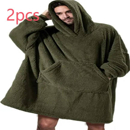 Hoodie Sweatshirt With Big Pocket Tops Sweater Comfortable Loose Double Sided Fleece Thicker Wearable Blanket Army Green 2Pcs - Shop at LoveMi