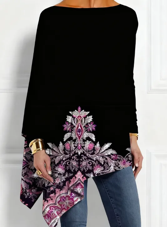 Luxury Purple Floral Asymmetrical Tunic Top Black - Shop at LoveMi