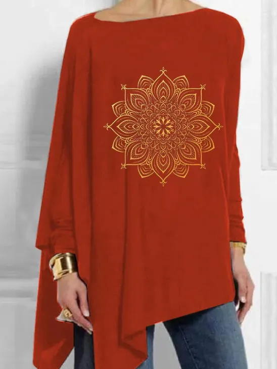 Geometric Flower Printed Casual Mid-Length Women's Tops - Dark Red