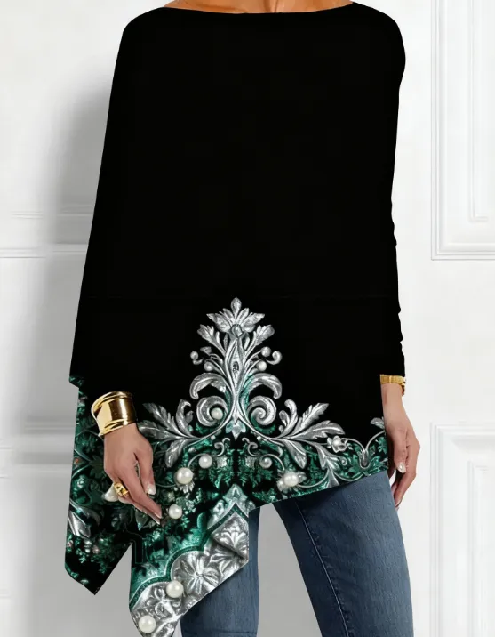 Luxury Baroque Asymmetrical Tunic Top - Black