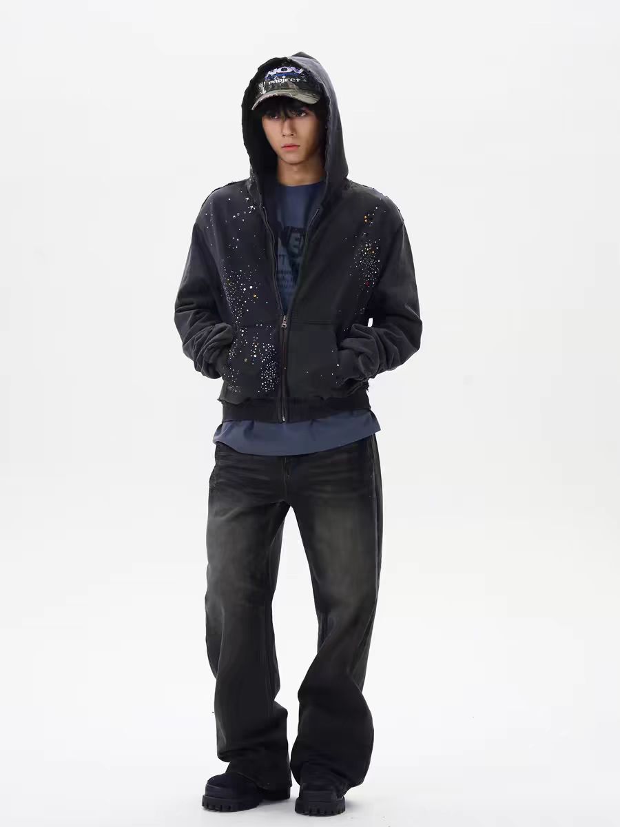 Men's Retro Rhinestone Zipper Hoodie Coat