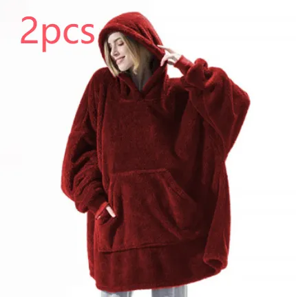 Hoodie Sweatshirt With Big Pocket Tops Sweater Comfortable Loose Double Sided Fleece Thicker Wearable Blanket Wine Red 2Pcs - Shop at LoveMi