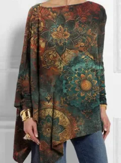 Vintage Mandala Printed Mid-Length Irregular Women's Tops - Vintage Teal - View 1