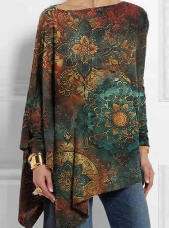 Vintage Mandala Printed Mid Length Irregular Women's Tops Vintage Teal - Shop at LoveMi