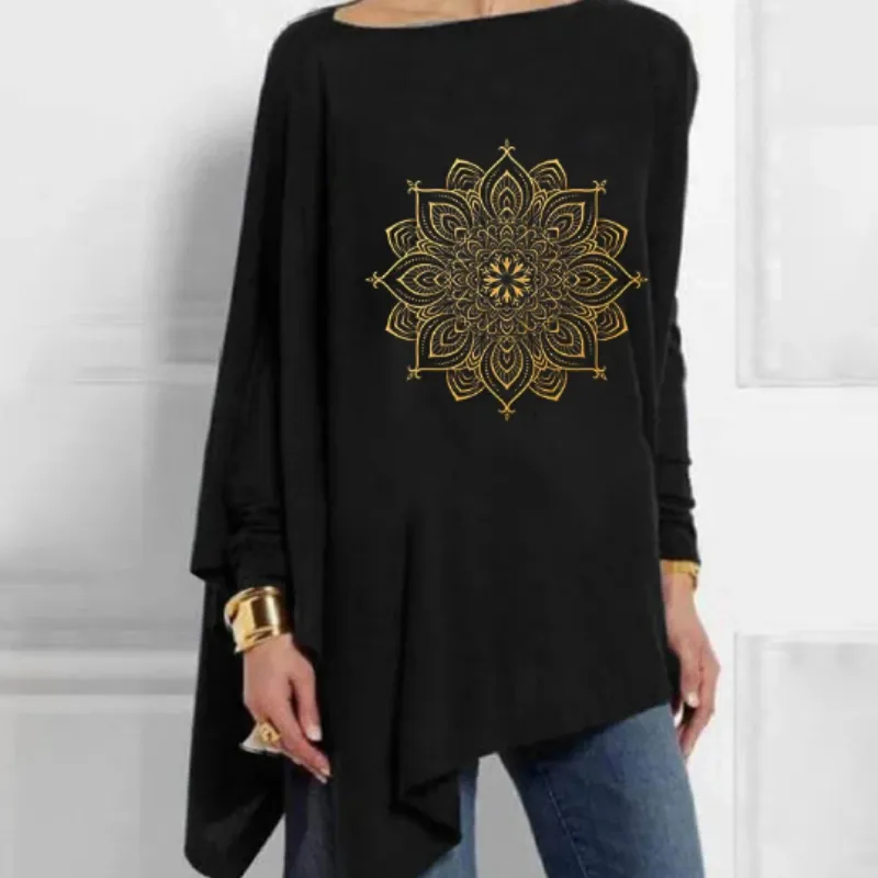 Geometric Flower Printed Casual Mid-Length Women's Tops - Black