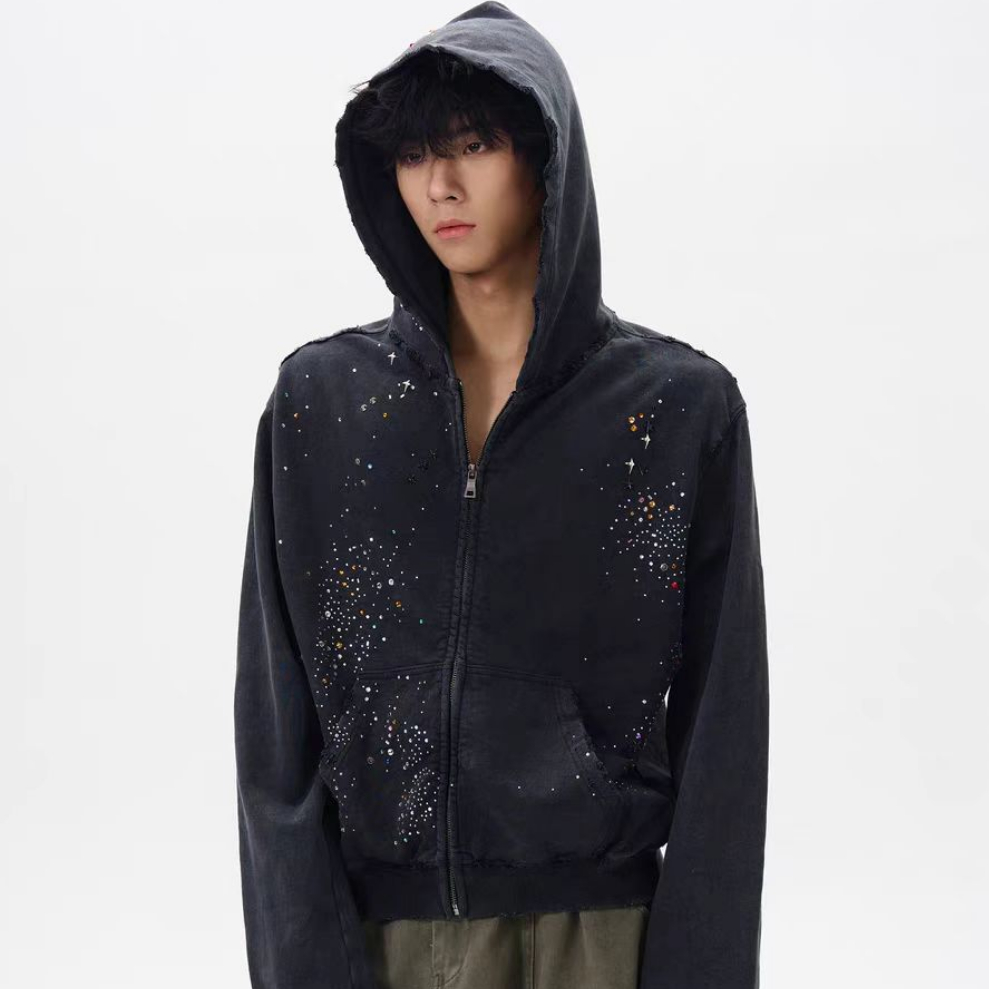 $32.72 Men's Retro Rhinestone Zipper Hoodie Coat