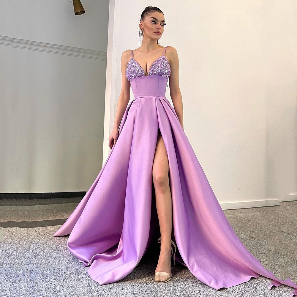 European And American Women's Clothing Dress Deep V Sequined Sexy Slit