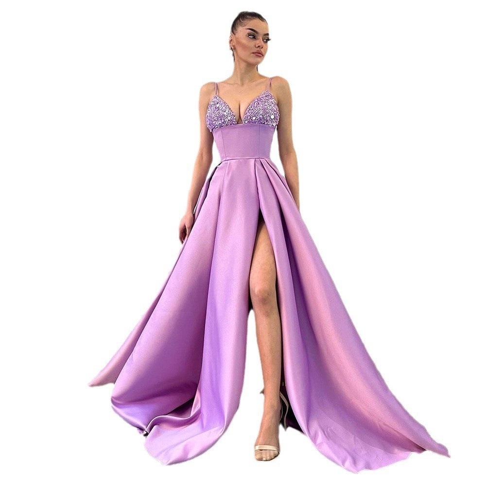 European And American Women's Clothing Dress Deep V Sequined Sexy Slit