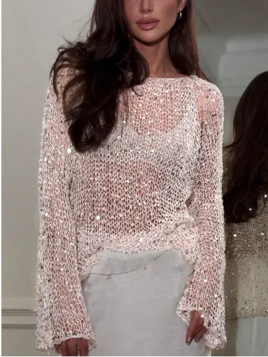 Sequined Hollow-out Long-sleeved Top Casual Style Loose Knitted - White