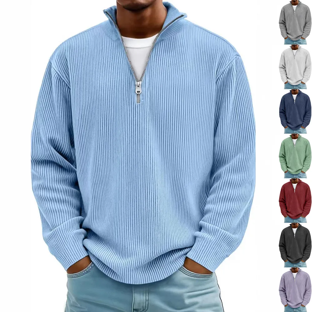 Corduroy Zipper Stand Collar Sweatshirt Fashion Warm Solid Color