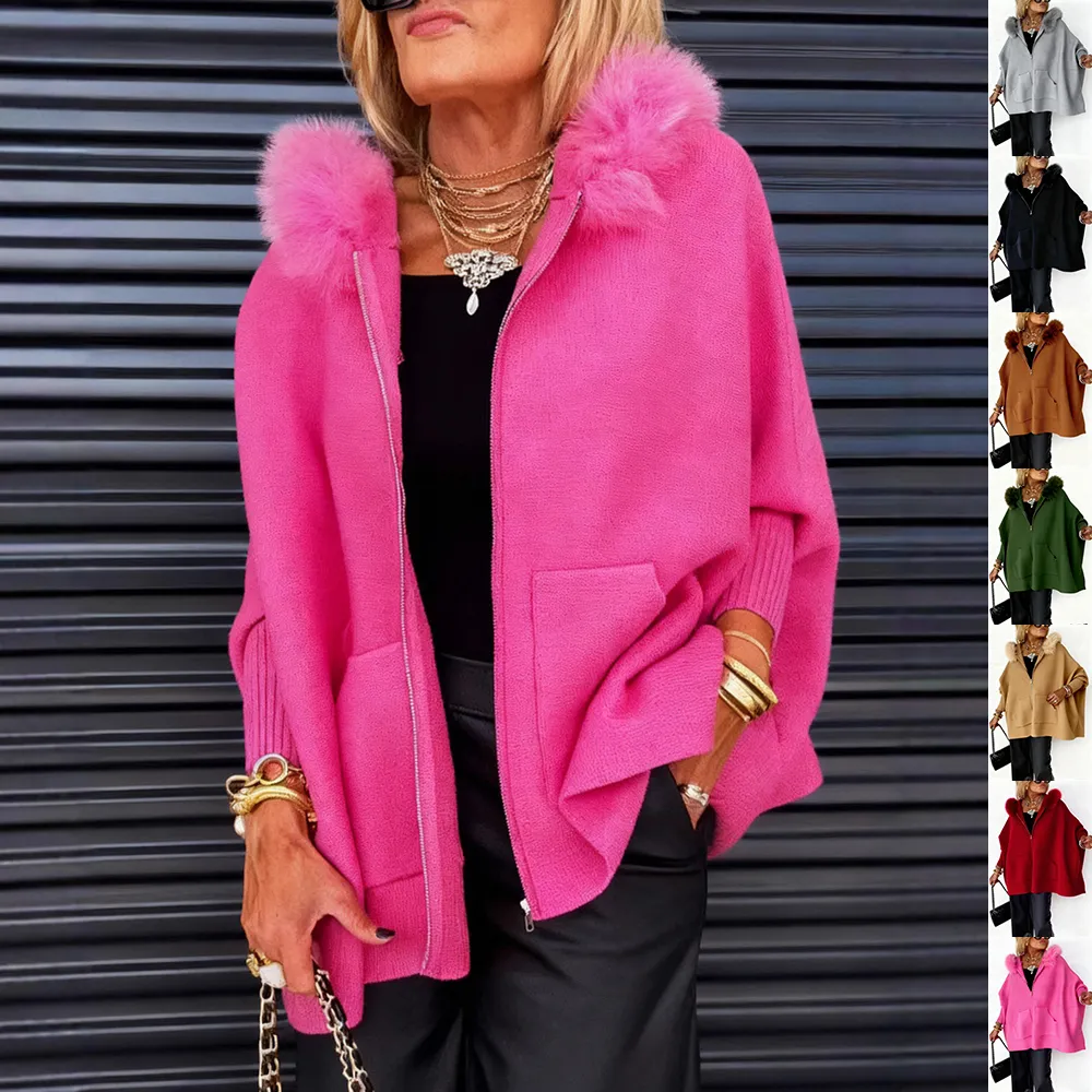 Ins Plush Hooded Cardigan Fashion Warm Pockets Zip-up Knitted Jacket Casual Outerwear Batwing Sleeve Sweater Women's Clothing