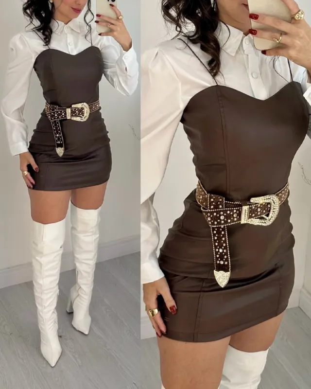 Sling PU Leather Skirt Short Shirt Outfit Brown - Shop at LoveMi