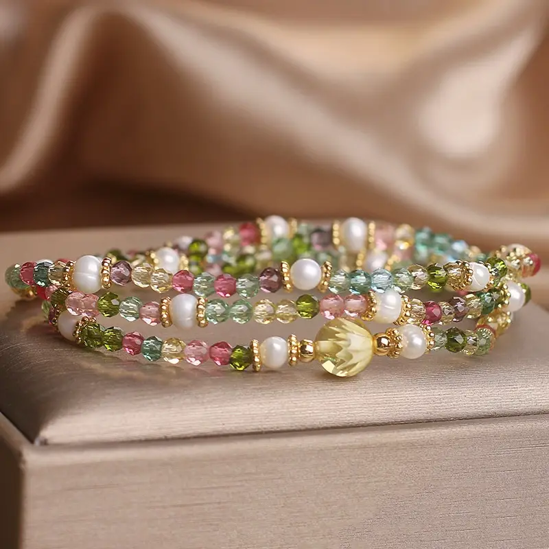Natural Grain Of Rice Tourmaline Multi-layer Crystal Bracelet