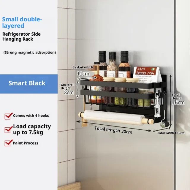 Refrigerator Shelf Side Storage Kitchen Magnetic Plastic Wrap Tissue Seasoning Side Multi functional Punch Free Rack Black - Shop at LoveMi