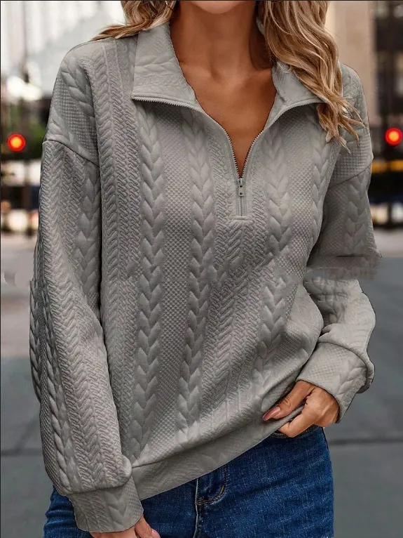 Half Cardigan Zipper And Lapel Pullover Sweater European And American Leisure Simple - Grey
