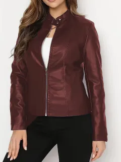 Fashionable Slim-fit Short Women's Leather Jacket - Dark Red - View 1