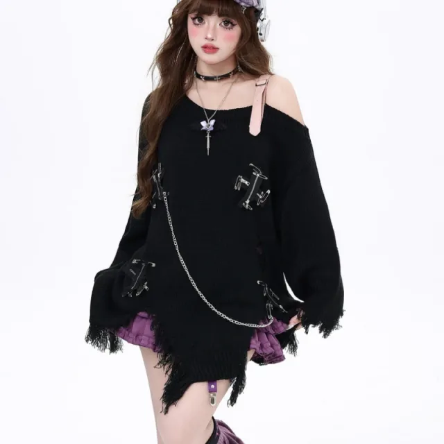 Ripped Tassel Off the shoulder Sweater For Women Autumn And Winter Loose Black - Shop at LoveMi