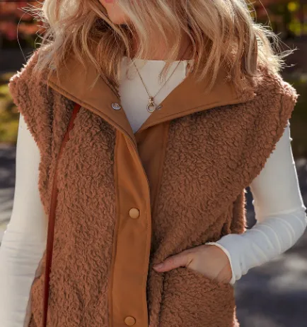Cinnamon Faux Fur Snap-front Knot Side Plush Vest With Pockets - Cinnamon-S