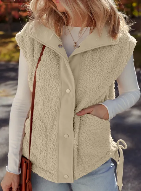 Cinnamon Faux Fur Snap-front Knot Side Plush Vest With Pockets - Beige