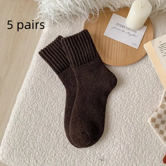 Ins Knitted Socks Winter Warm Thickened Solid Loop Socks High Ribbed Sweat absorbent Floor Sock Deep Coffee 5 Pairs - Shop at LoveMi