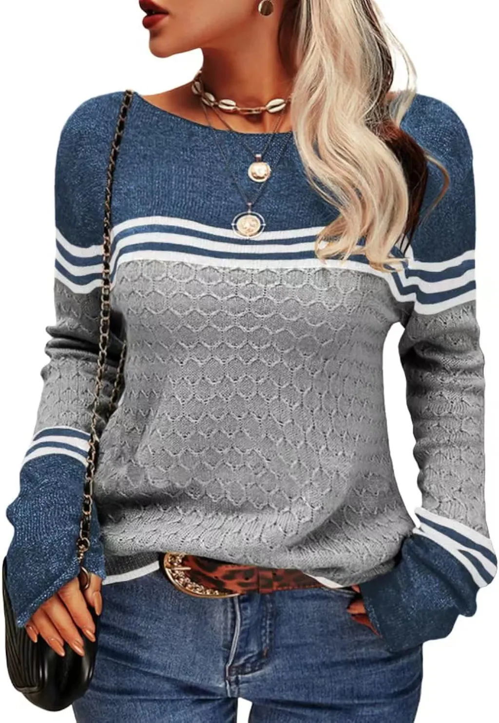 Temperament Commute Long Sleeve Knitted Striped Color-block Crew Neck Sweater - Light Gray