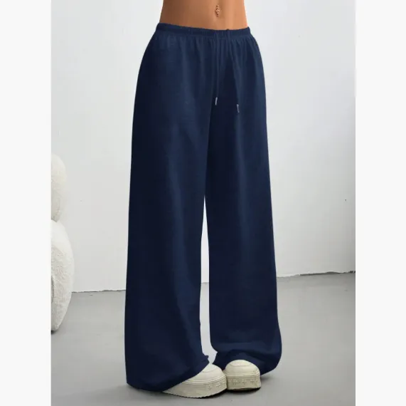 Trousers Elastic Waistband Lace up Wide leg Casual Pants Dark Blue - Shop at LoveMi