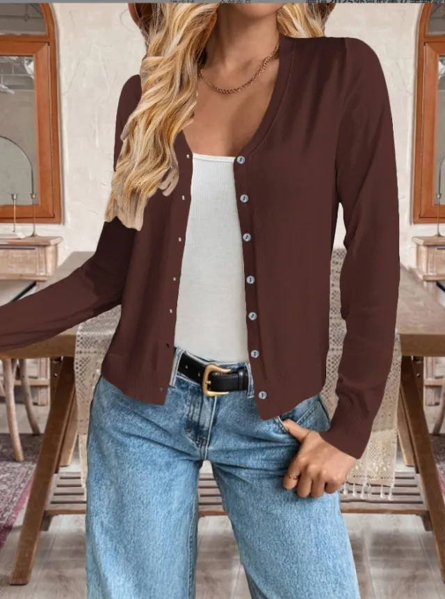 Women's Simple All match Loose Solid Color Buttons Cardigan Coffee - Shop at LoveMi