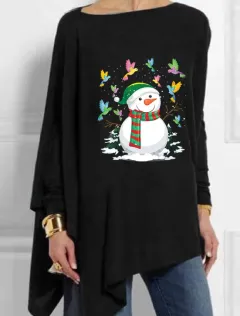 Christmas Snowman Printed Casual Mid-Length Women's Tops - Black - View 1