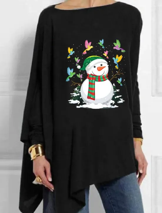 Christmas Snowman Printed Casual Mid Length Women's Tops Black - Shop at LoveMi