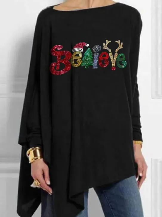 Christmas Believe Print Mid-Length Irregular Tops - Black