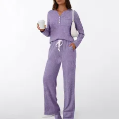 V-neck Striped Knit Casual Comfortable Long Coat Long Sleeve - Purple - View 1
