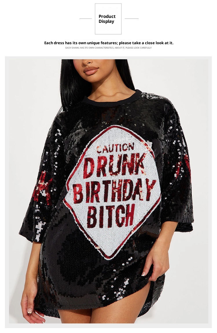 Pink Sequins T-Shirt Dress with White Letter Embroidery – Effortless Sparkle for Casual Outings