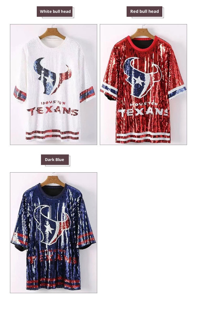 Dark Blue Sequins Letter Embroidery T-Shirt Dress – Streetwear Polyester with Shine