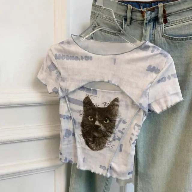 Pure Want Tie dye Mesh Hollow Short sleeved T shirt Blue - Shop at LoveMi