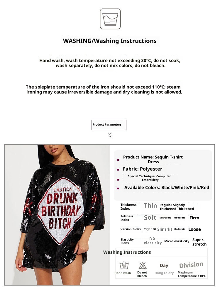 Women's Sequins Glitter Letter Embroidery Dress in Black – Loose Hip-Hop Street Style