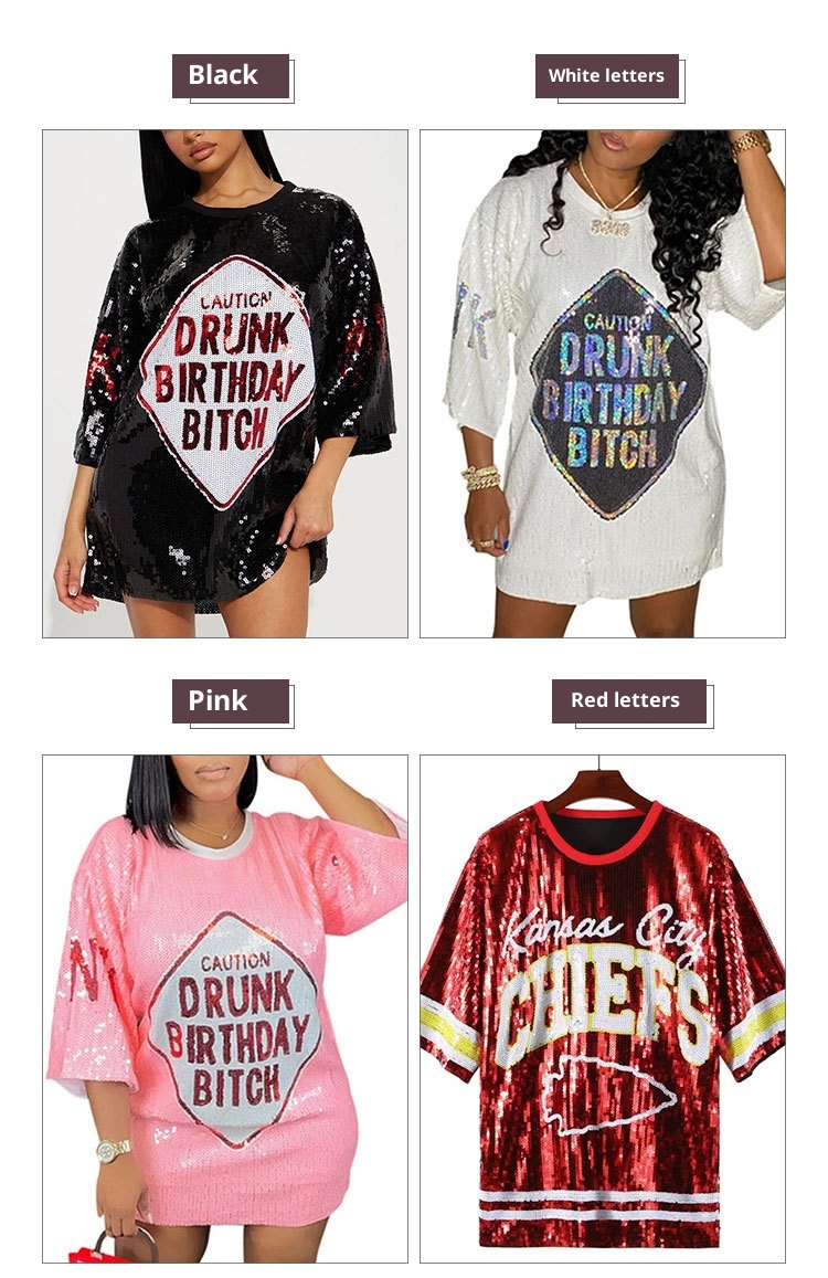 Red Letters on Sequins Glitter Embroidery Loose Dress – Bold Half-Sleeve Polyester Fit