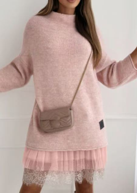 Sleeveless Vest Stitching Mesh Lace Base Dress Plus Two piece Sweater Pink - Shop at LoveMi