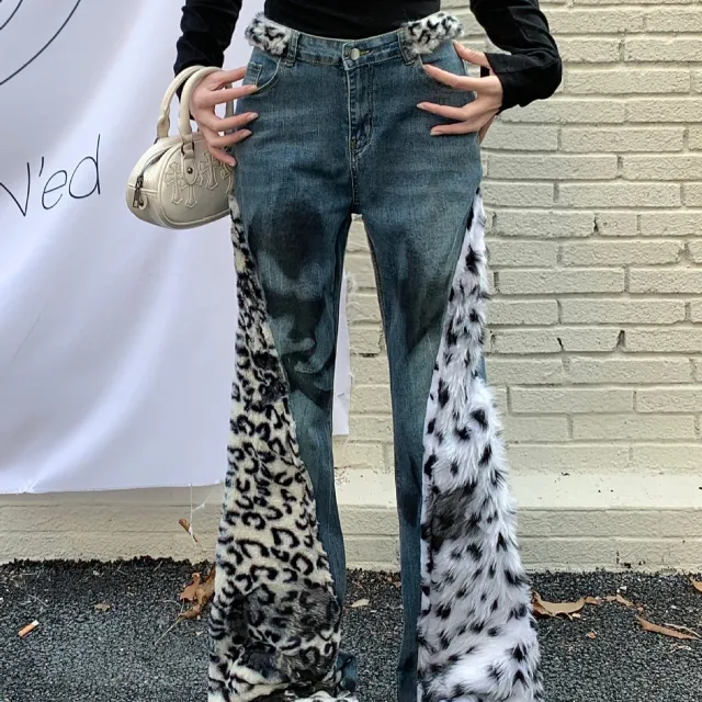 Women's Washed Leopard Splicing Skinny Jeans Blue - Shop at LoveMi