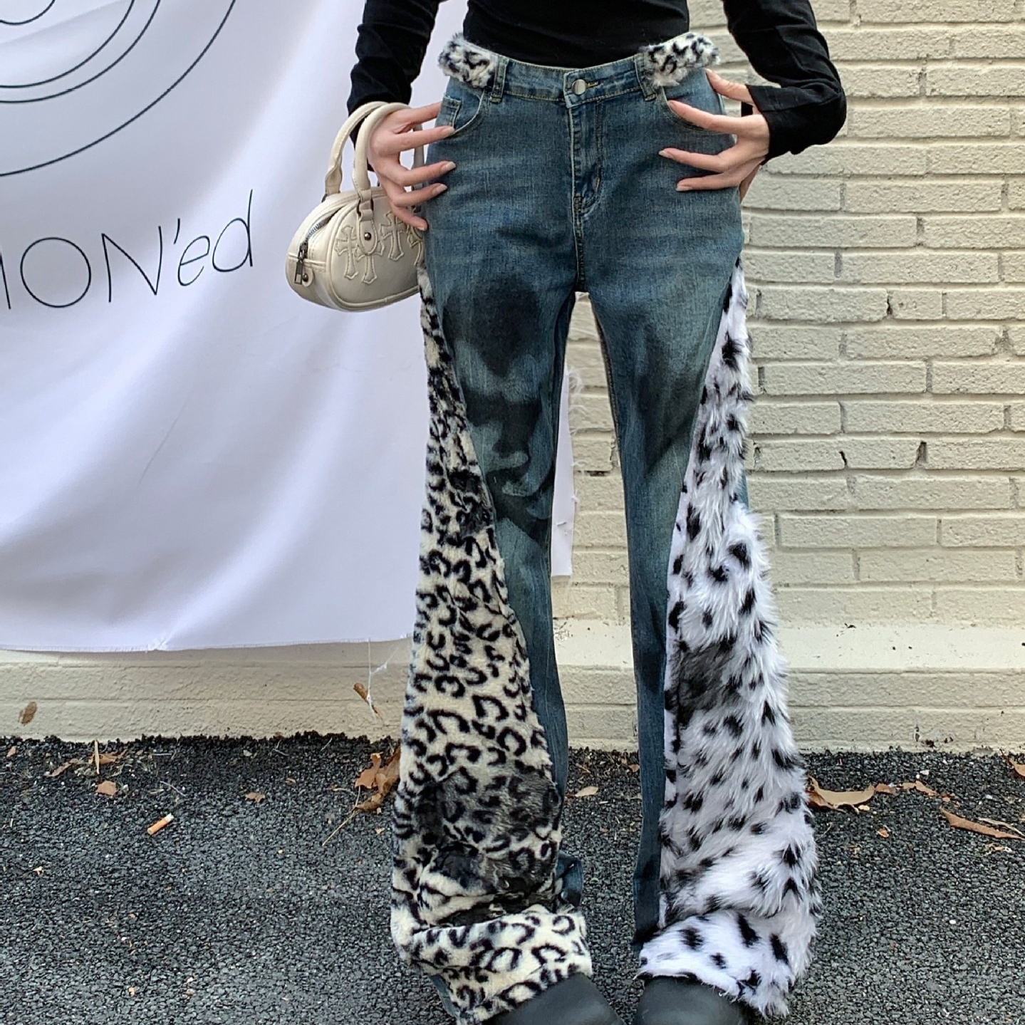 Women's Washed Leopard Splicing Skinny Jeans